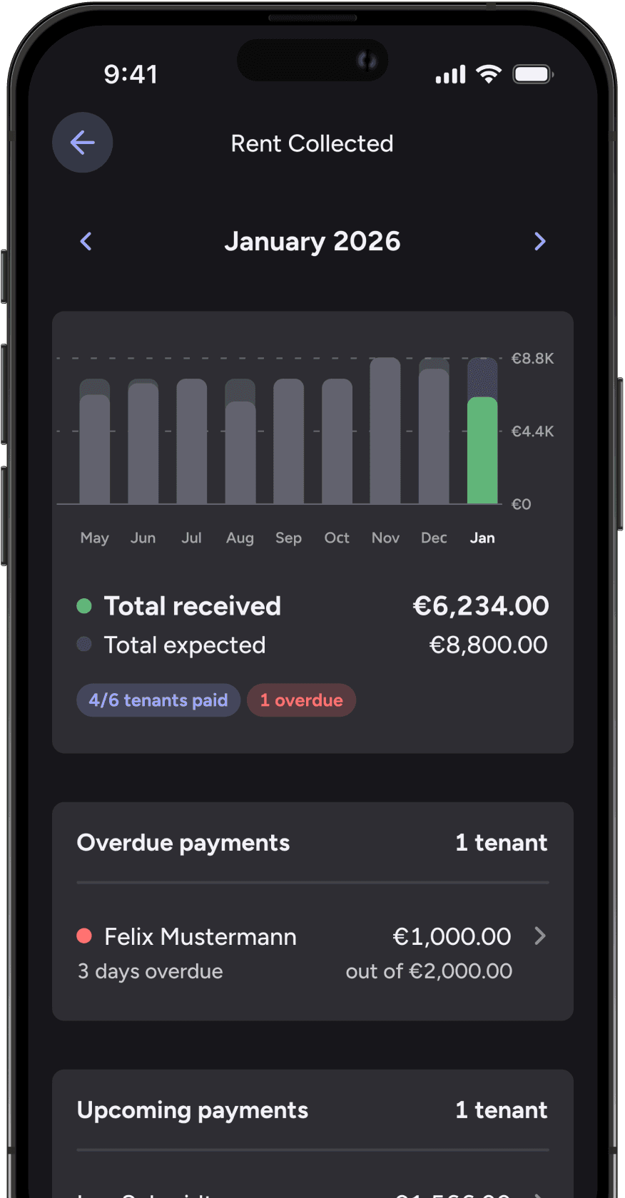 Screen in the app showing rental income per tenant and details of received or expected payments.