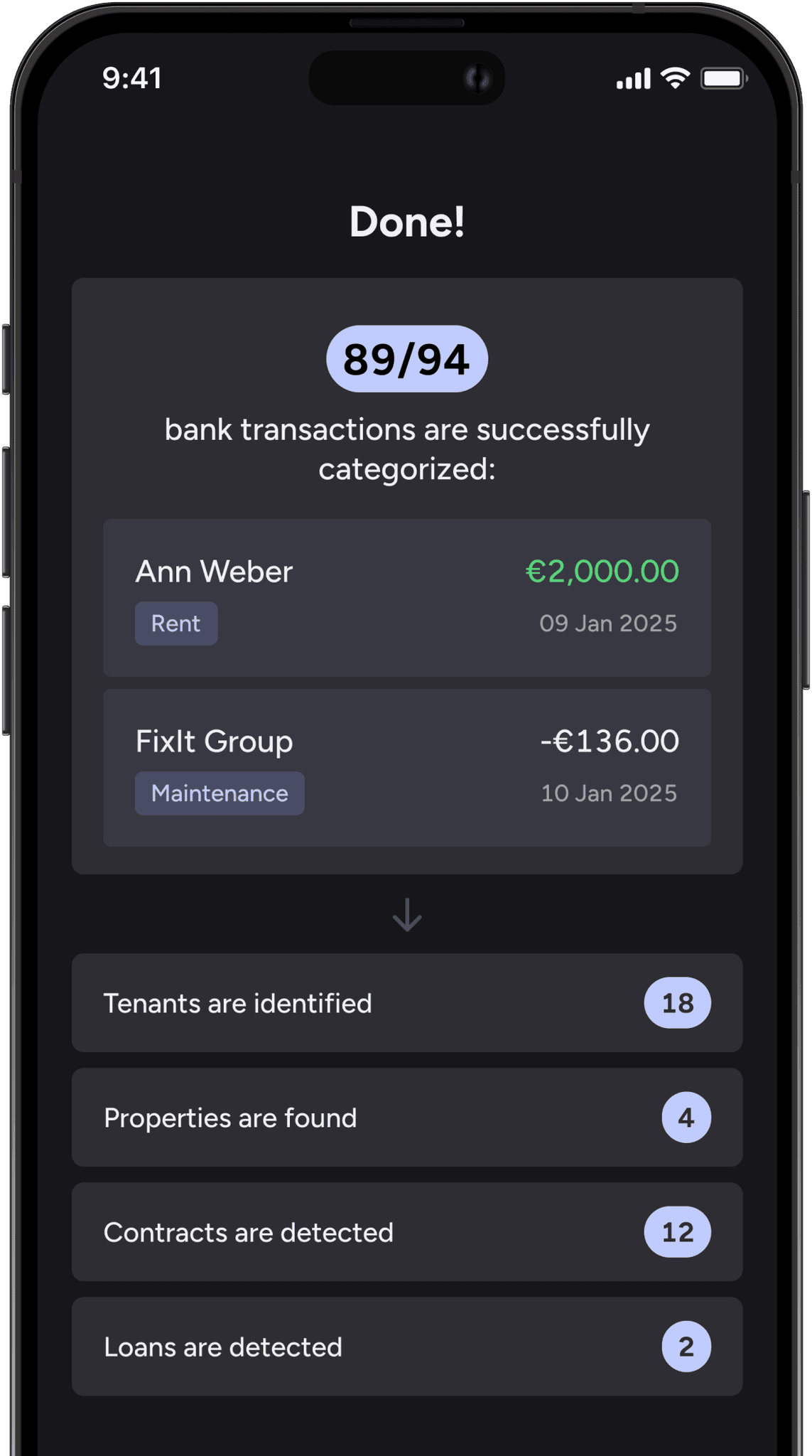 Screen in the app is showing the results of bank transaction analysis, including the number of detected properties, tenants, contracts, and loans.